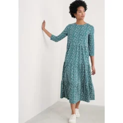 Seasalt Cornwall Line Strokes Tiered Dress in GOTS-Certified Organic Cotton Jersey | Women Dresses